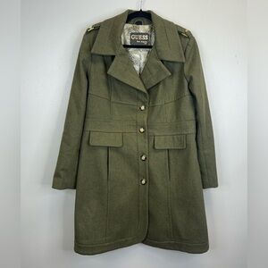 GUESS Womens XL Wool Military Style Army Olive Green Midi Trench Coat Crest